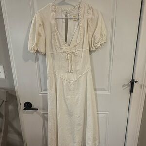 Anthropologie Cream Midi Dress with Puff Sleeves